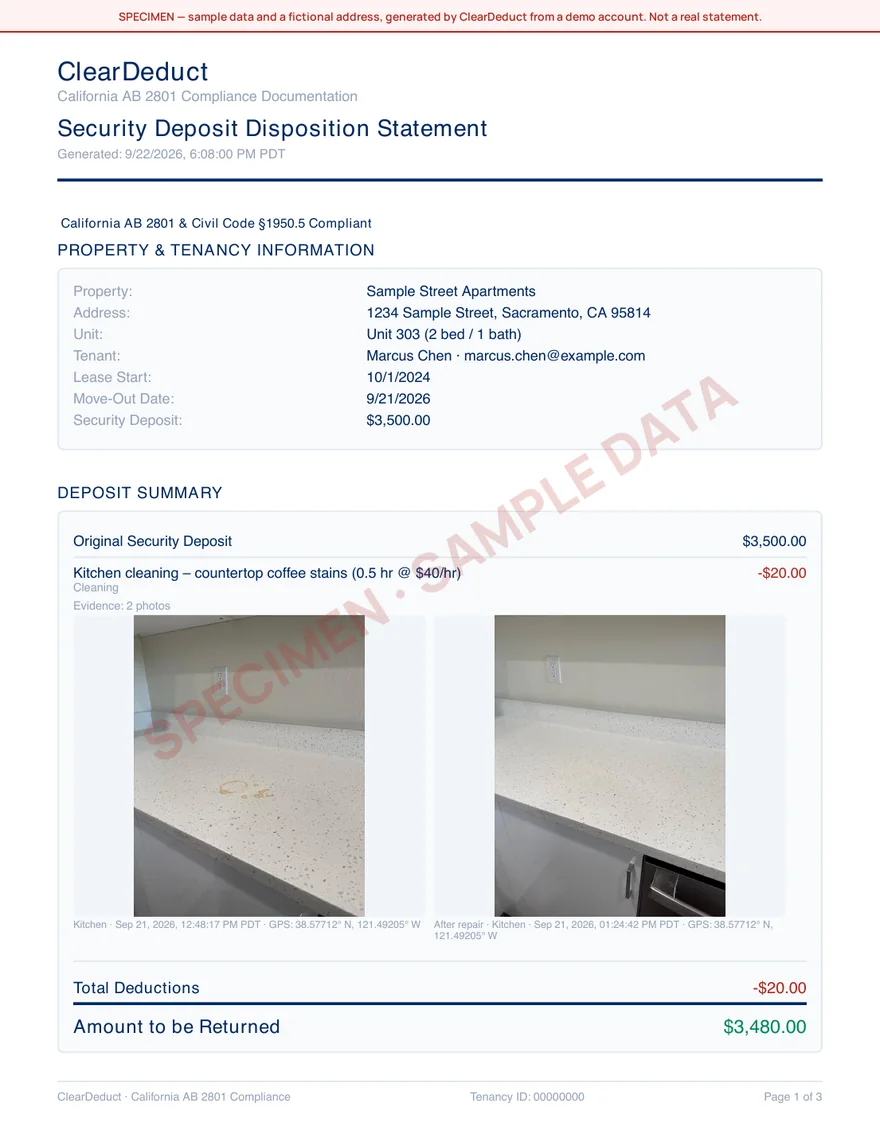 Page 1 of a sample itemized deposit statement, stamped SPECIMEN: deposit $3,500, one $20 cleaning deduction with its move-out and after-repair photos, $3,480 returned.