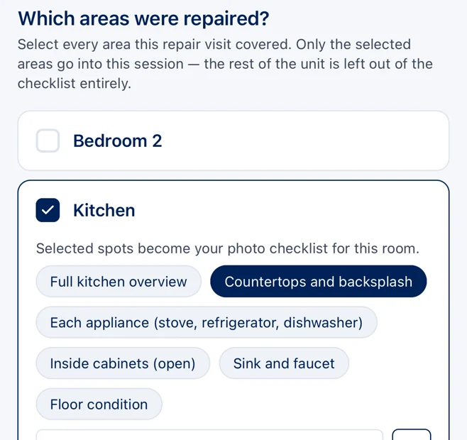 Post-repair session: the kitchen selected, with the countertops chosen as the repaired spot.