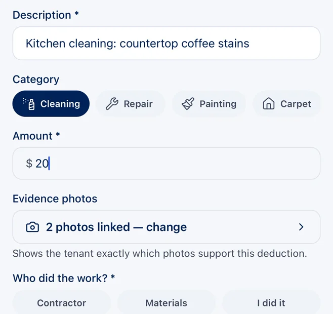 Add Deduction form: kitchen cleaning, $20, with two evidence photos linked.